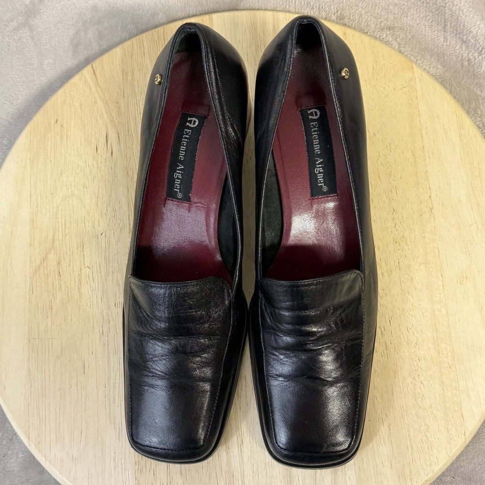 Etienne Aigner Status Black Leather Square Toe Block Heel Loafer Pumps Women 10M - Picture 9 of 16